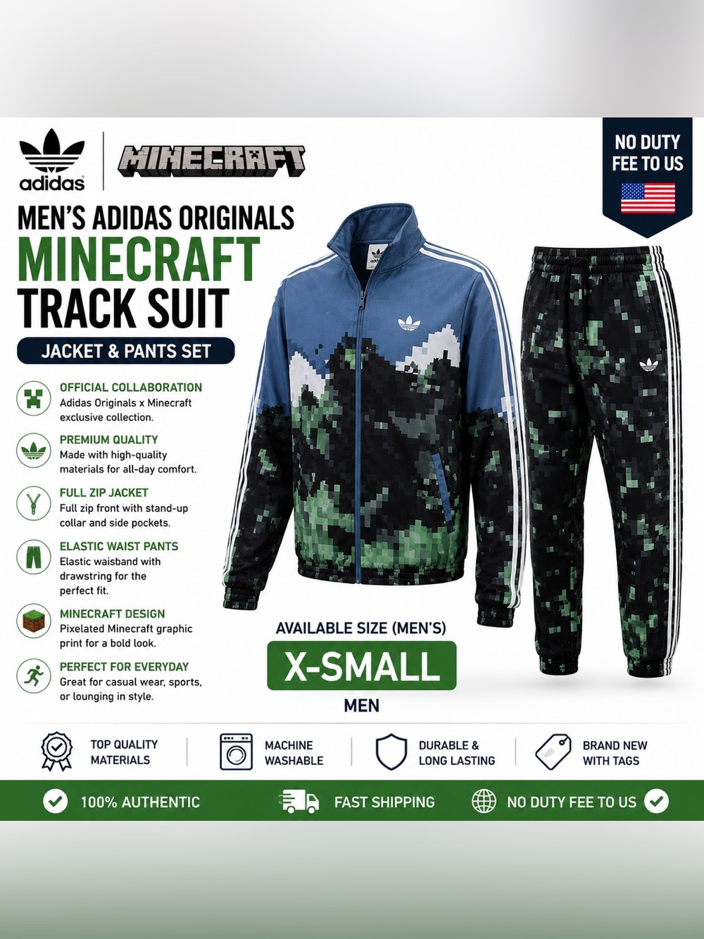 Men's Adidas Originals X Blue Green Minecraft Jacket & Pants Track Suit
